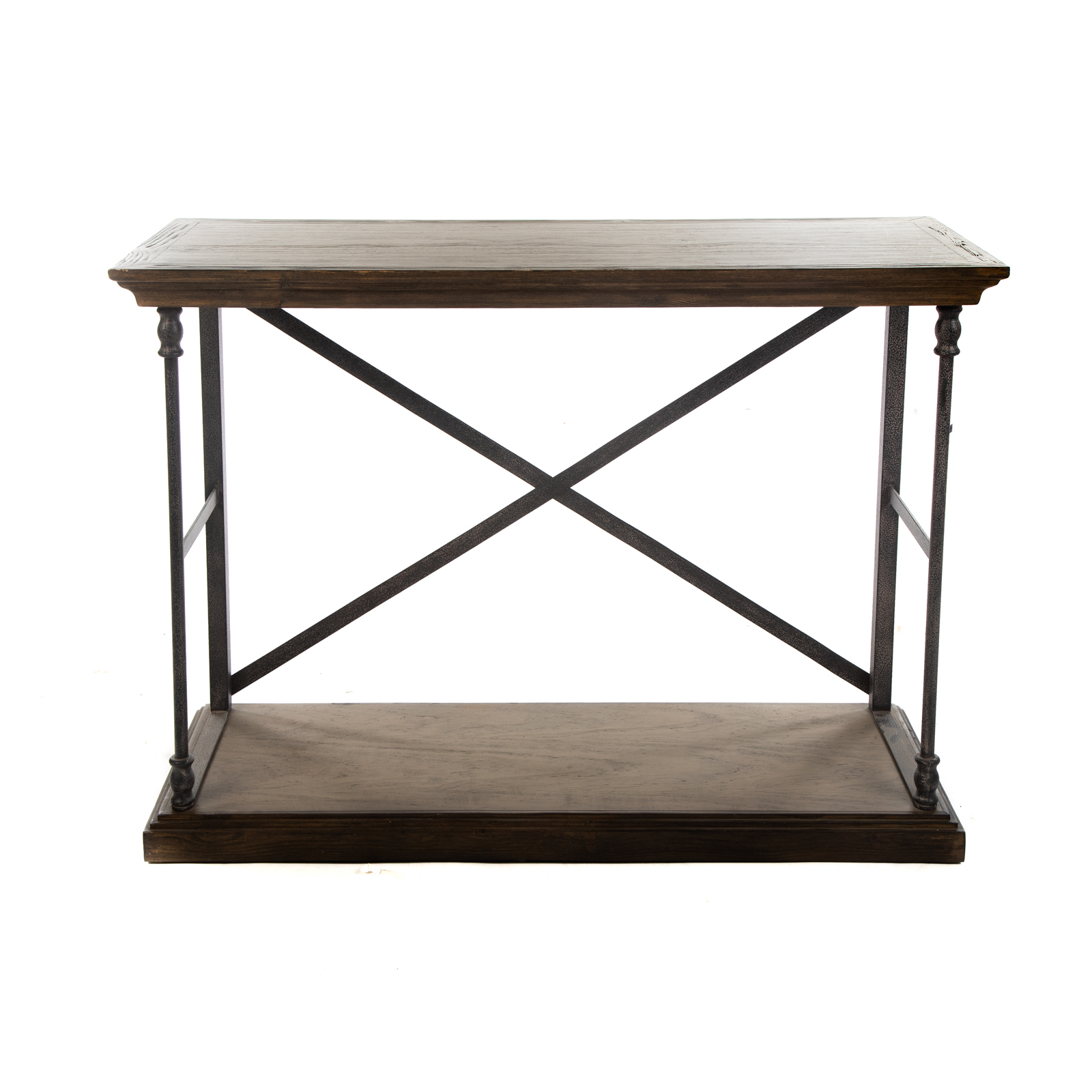 Appraisal: RUSTIC WOOD METAL CONSOLE TABLE th century enameled metal frame