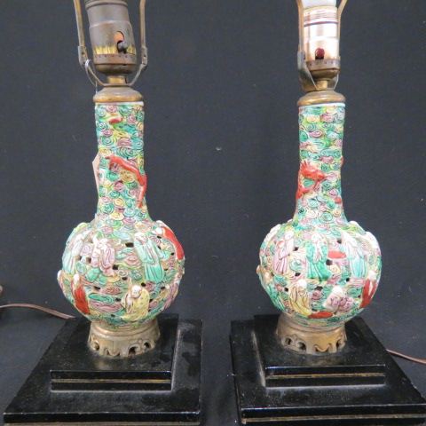 Appraisal: Pair of Chinese Porcelain Lamps famille rose style with figures