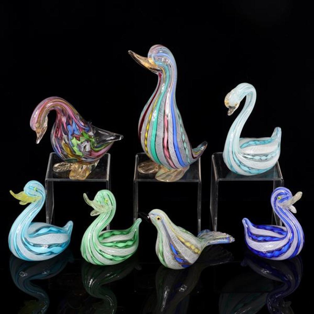 Appraisal: FLOCK OF SEVEN POLYCHROME MURANO ITALIAN ART GLASS BIRDS AND