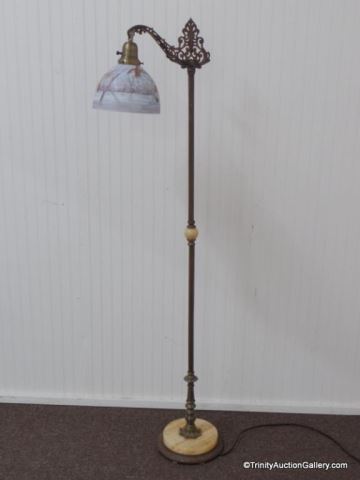 Appraisal: Antique c 's Brass Marble Pole Lamp Early 's ornate