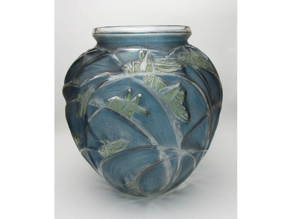 Appraisal: A Rene Lalique 'Sauterelles' vase blue ground and green stained