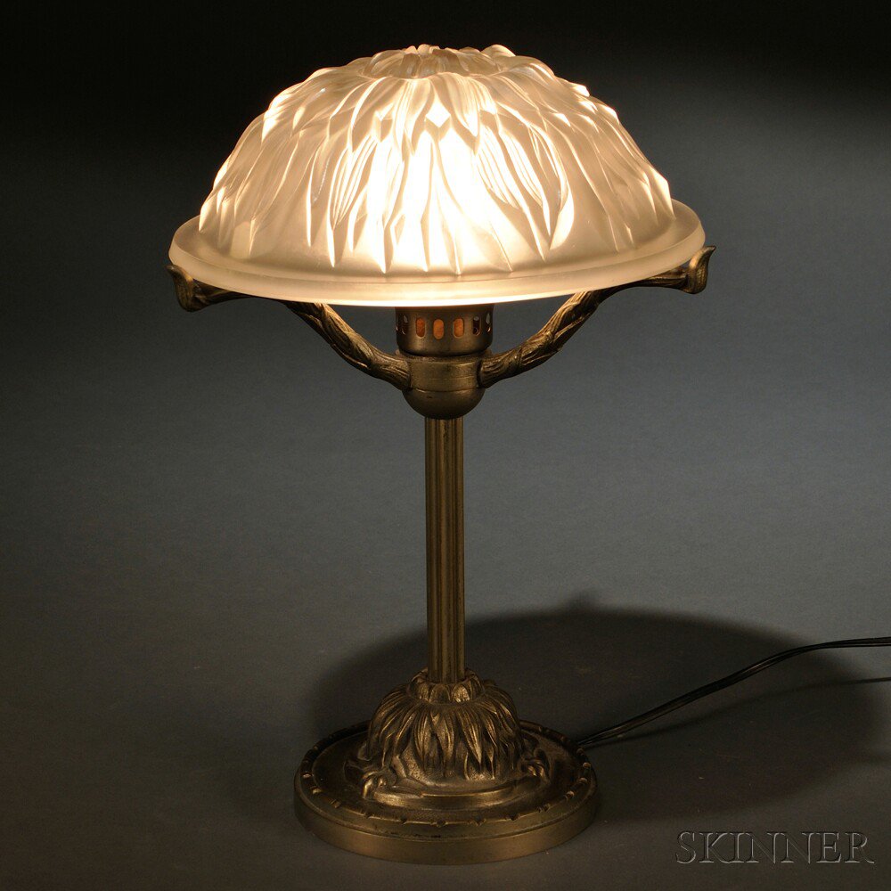 Appraisal: Art Deco Table Lamp Art glass patinated metal s Molded