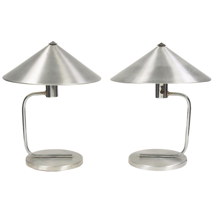 Appraisal: Kurt Versen table lamps pair spun aluminum shades chromestems original