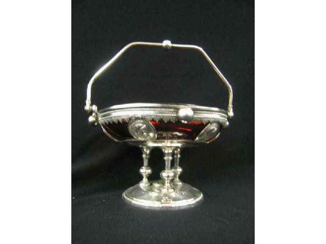 Appraisal: Victorian Silverplate Brides Basket medallion decor ruby glass bowl