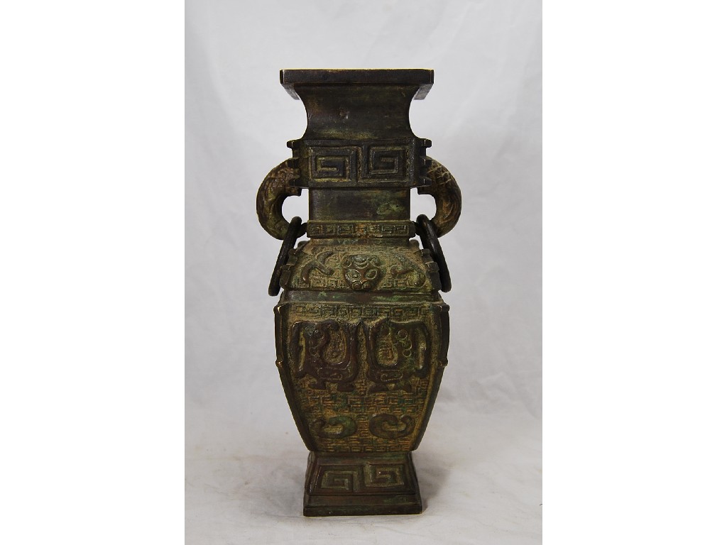 Appraisal: th century Chinese bronze vase in archaic style having two