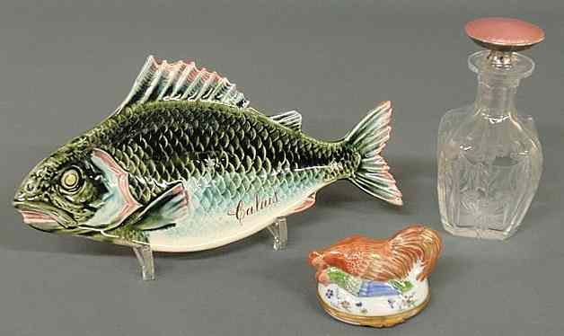 Appraisal: French Majolica fish signed Calais l French porcelain rooster hen