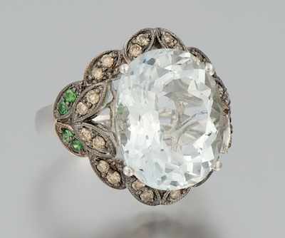 Appraisal: A Ladies' Aquamarine Diamond and Tsavorite Ring Signed LeVian k