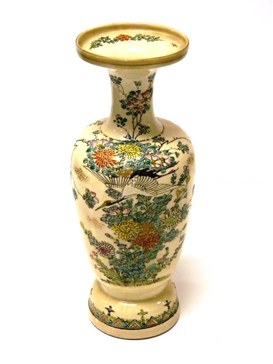 Appraisal: Japanese satsuma eathenware vase crane and floral decoration '' h