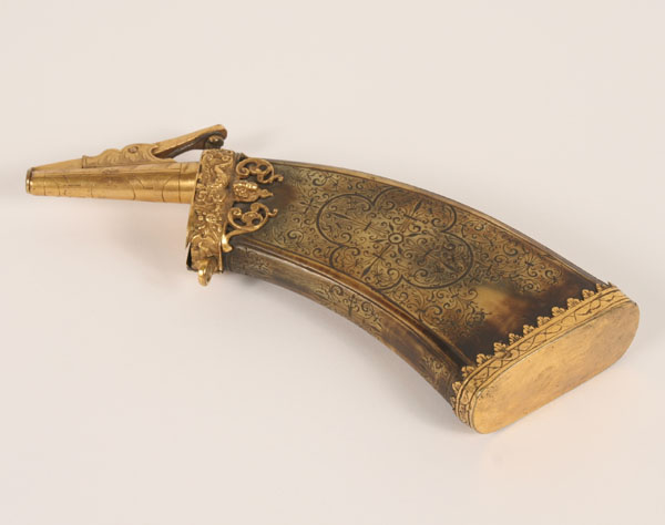 Appraisal: Intricately carved Continental powder horn with gold wash the body