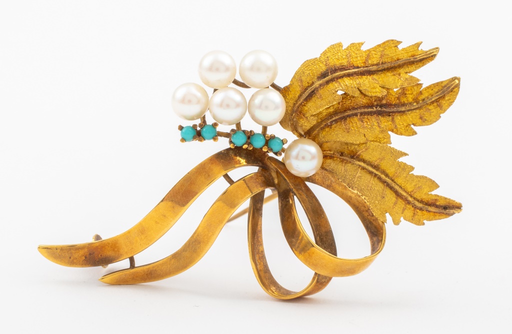 Appraisal: K YELLOW GOLD PEARLS TURQUOISE BROOCH K yellow gold pearls