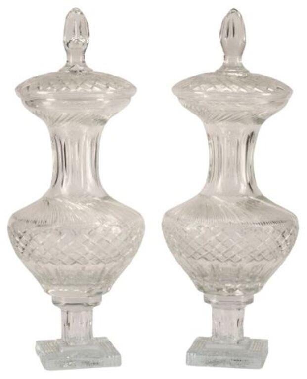 Appraisal: pair Baccarat style cut crystal vases with covers approx h