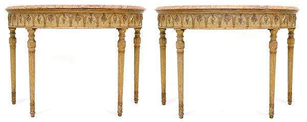 Appraisal: A GOOD PAIR OF ITALIANATE GILTWOOD AND POLYCHROME MARBLE TOP