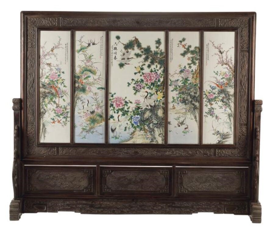 Appraisal: Large Chinese five-panel porcelain screen on stand approx h w