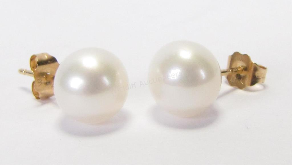 Appraisal: A pair of mm cultured pearl studs on K yellow