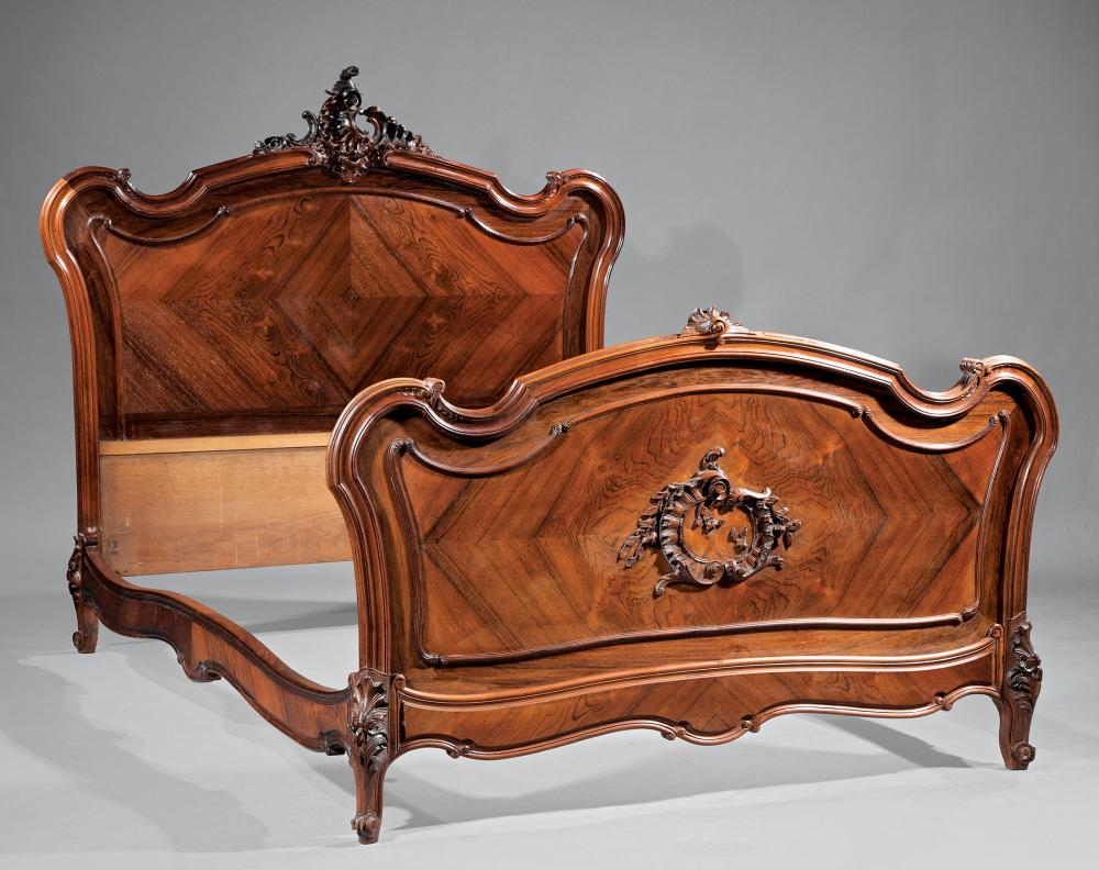 Appraisal: Antique French Rococo Rosewood Bed rocaille crest serpentine headboard conforming