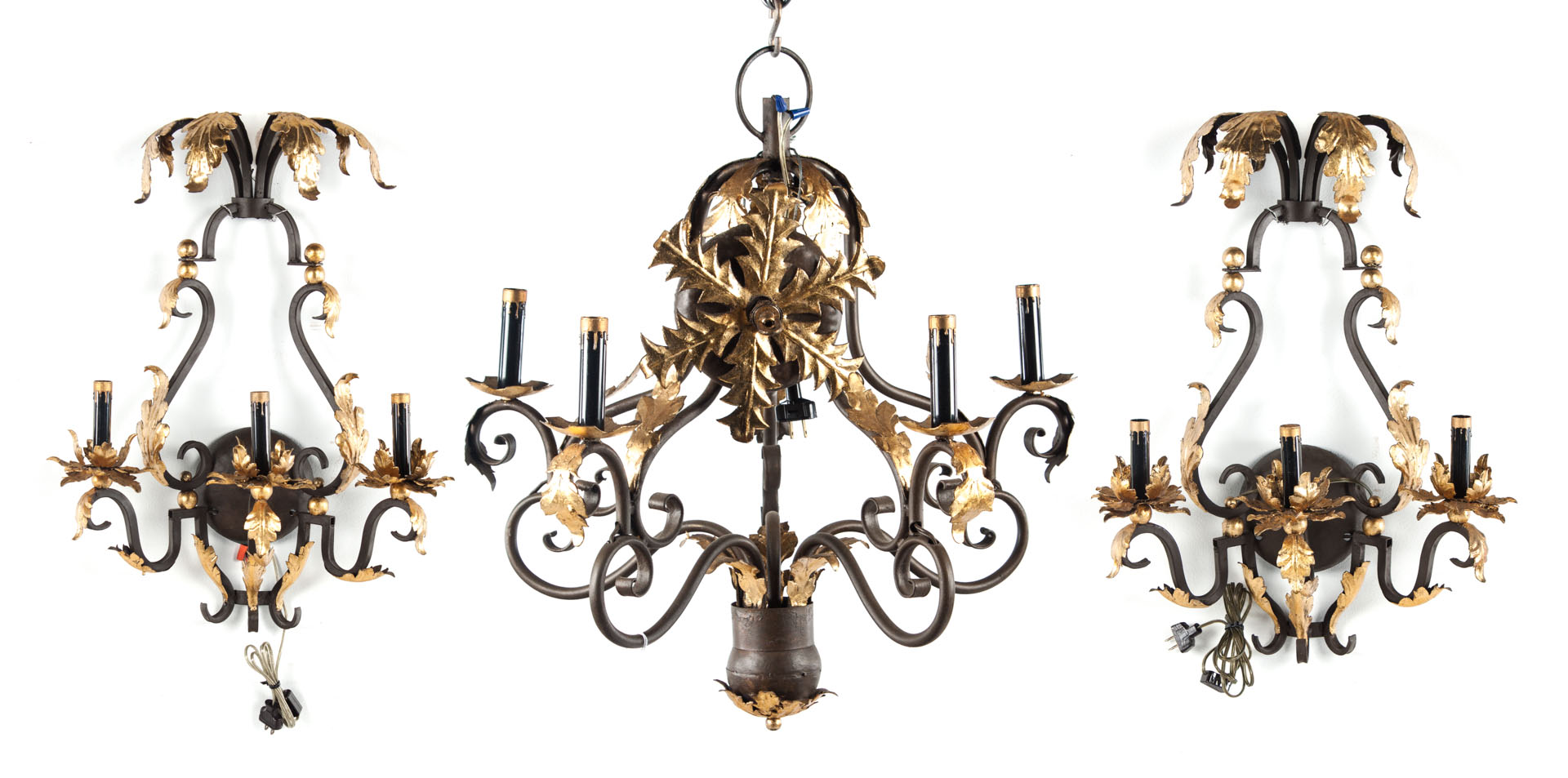 Appraisal: Victorian style chandelier matching sconces wrought iron five-light chandelier with