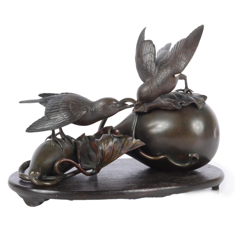 Appraisal: SIGNED JAPANESE MEIJI BRONZE GOURD FORM CENSER WITH BIRDS ON