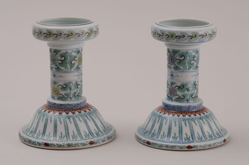 Appraisal: RARE PAIR OF CHINESE DOUCAI PORCELAIN CANDLESTICKS Mark and period