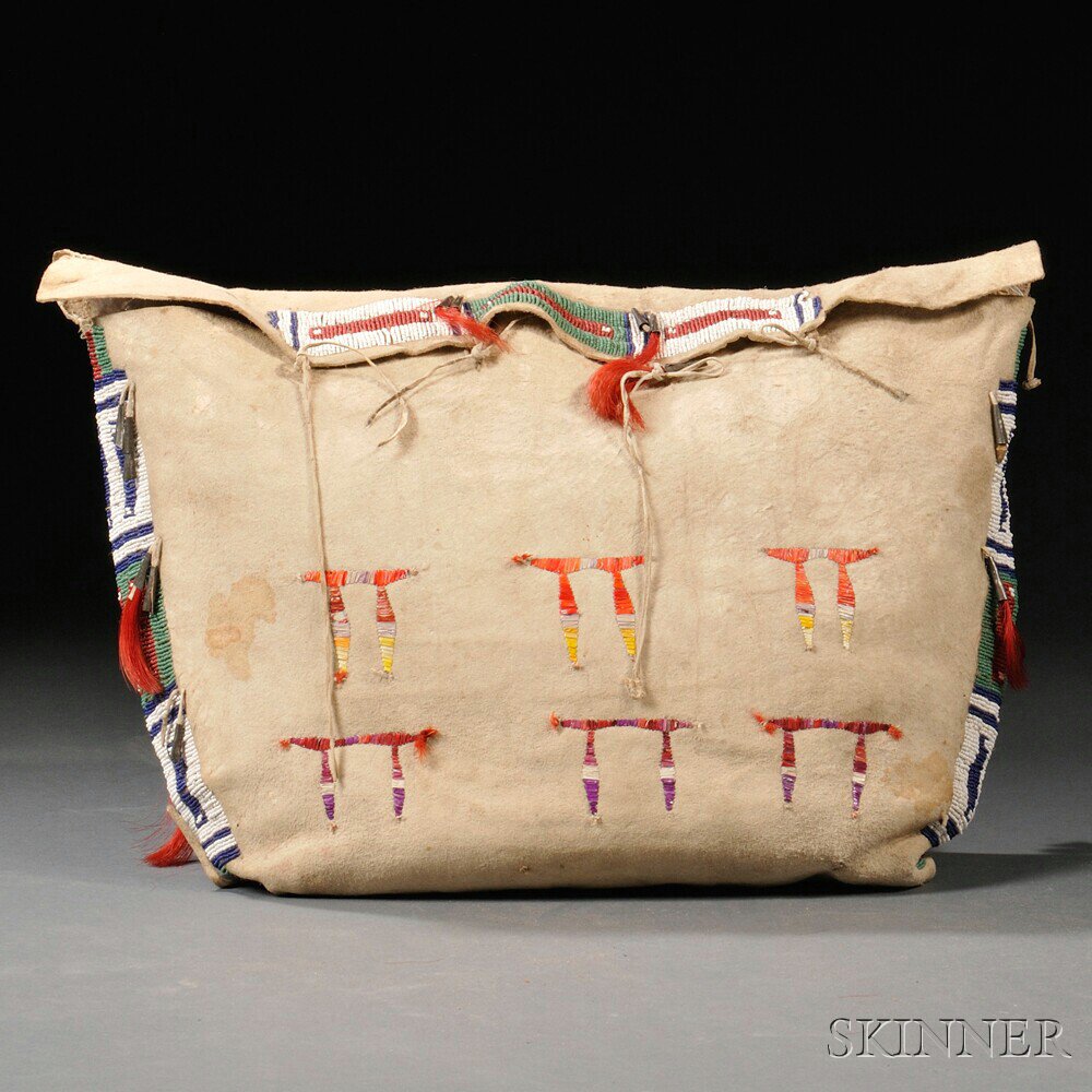 Appraisal: Central Plains Beaded and Quilled Buffalo Hide Possible Bag c