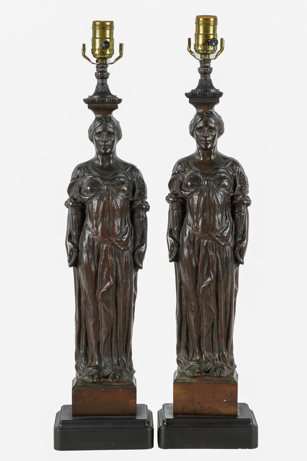 Appraisal: PAIR OF BRONZE FIGURAL TABLE LAMPSset atop wood bases Condition