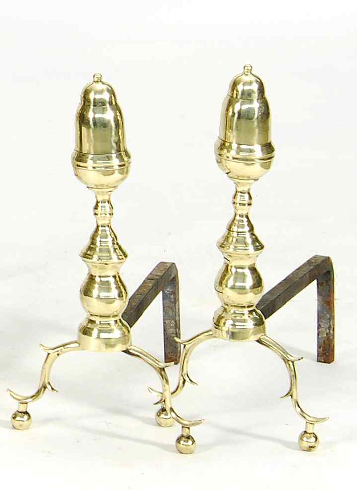 Appraisal: PAIR OF ANTIQUE FEDERAL BRASS ANDIRONSCirca - With acorn tops