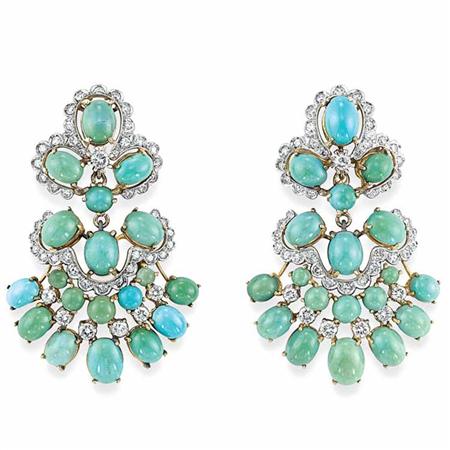 Appraisal: Pair of Turquoise and Diamond Pendant-Earrings Estimate -