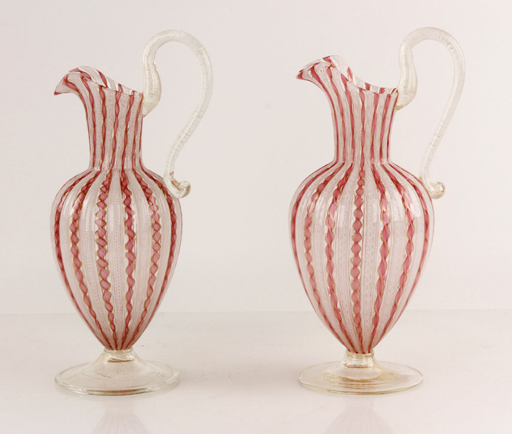 Appraisal: - Pr Venetian Latticino Glass Pitchers Pair of Venetian latticino