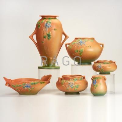 Appraisal: ROSEVILLE Brown Columbine six pieces Three jardinieres two vases and