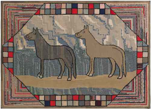 Appraisal: Large American hooked rug early th c depicting two horses