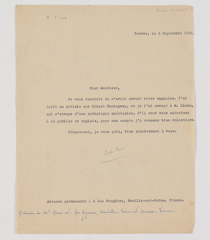 Appraisal: ANDRE MAURIS SIGNED TYPEWRITTEN LETTER TLS to Geneve Switzerland le