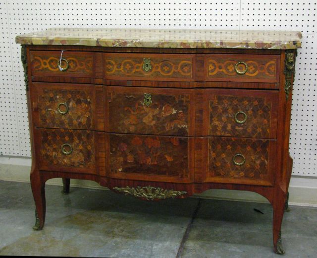 Appraisal: Louis XV style marble top commode marquetry inlaid cabinet with