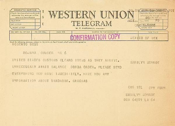 Appraisal: A Marilyn Monroe-sent Western Union telegram and receipt A 'Confirmation