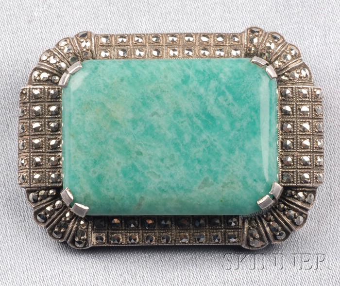 Appraisal: Art Deco Sterling Silver Amazonite and Marcasite Brooch Theodor Fahrner