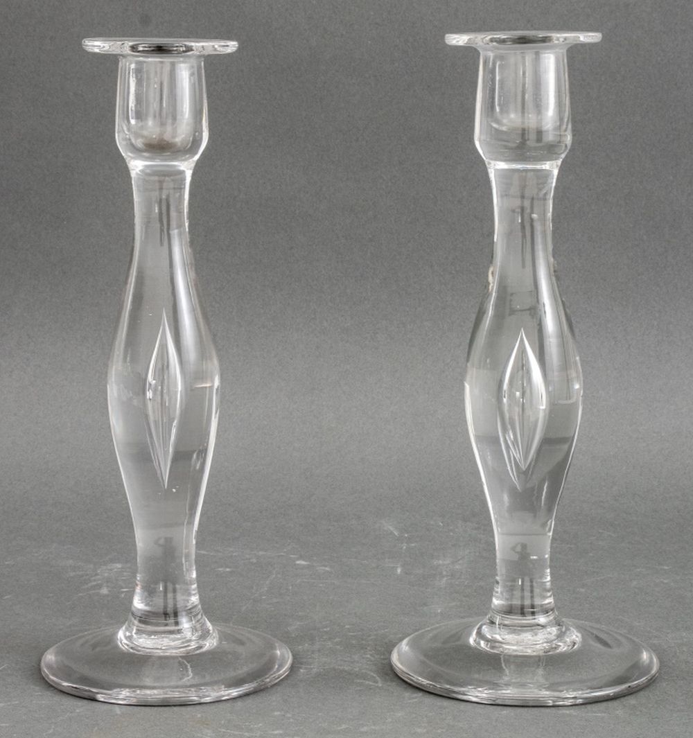 Appraisal: HAND MADE CLEAR GLASS STUDIO CANDLE STICK PAIR Pair of