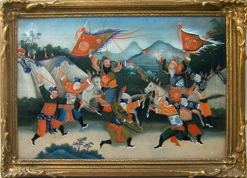 Appraisal: Pair of reverse painted Chinese battle scenes x