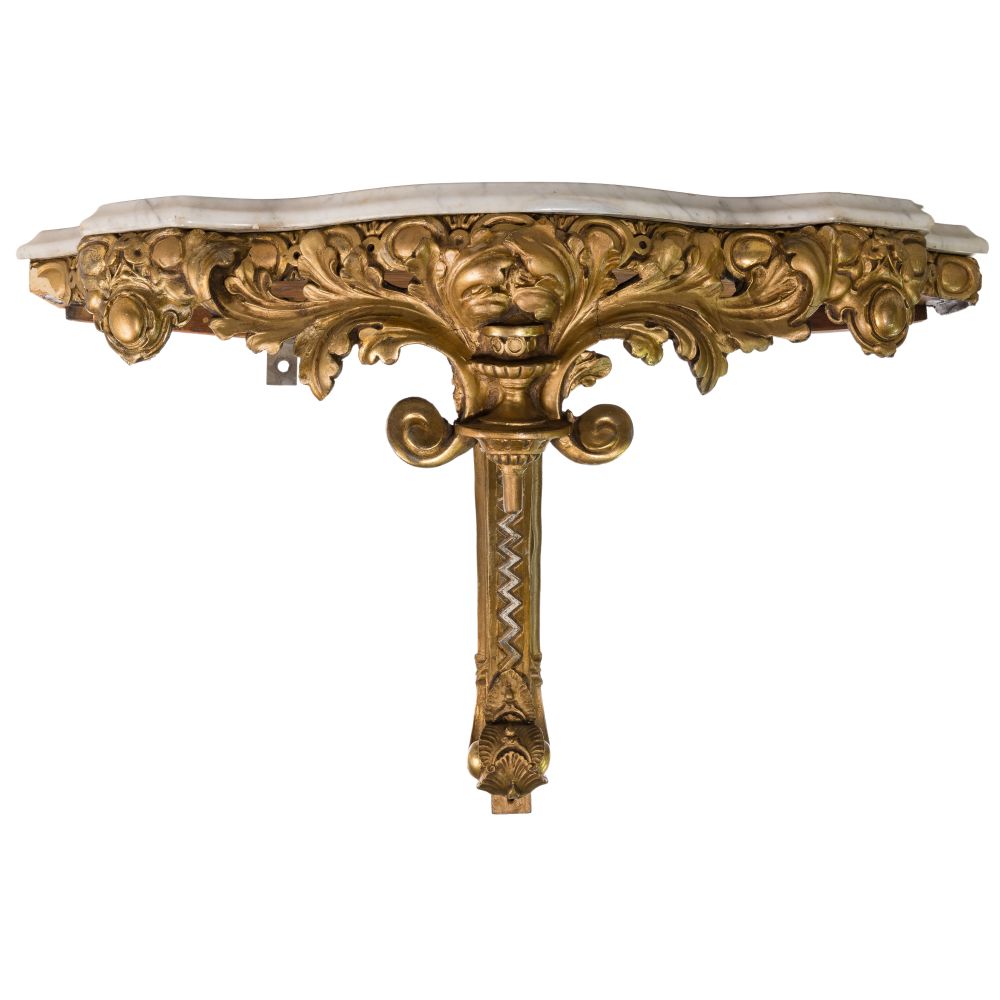 Appraisal: GILTWOOD AND MARBLE CONSOLE TABLEWall mounted table rising on center