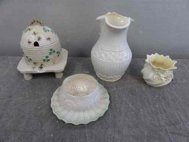 Appraisal: Belleek Pieces Includes a Shamrock honey pot on stand -