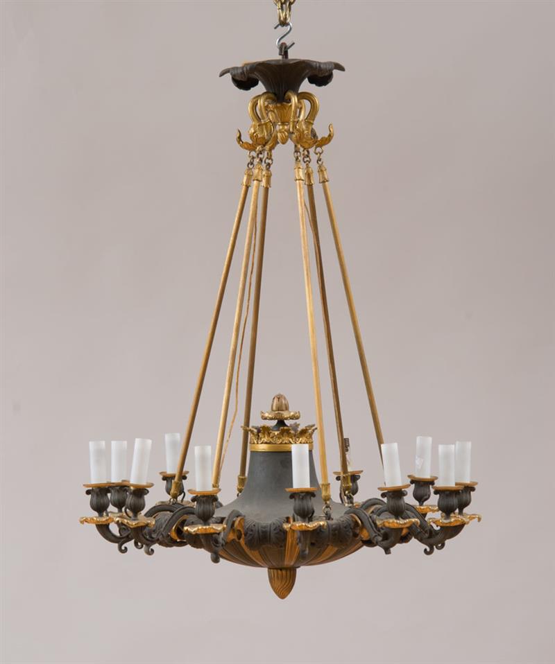 Appraisal: EMPIRE STYLE BRONZE AND GILT-BRONZE TWELVE-LIGHT CHANDELIER The shallow reeded