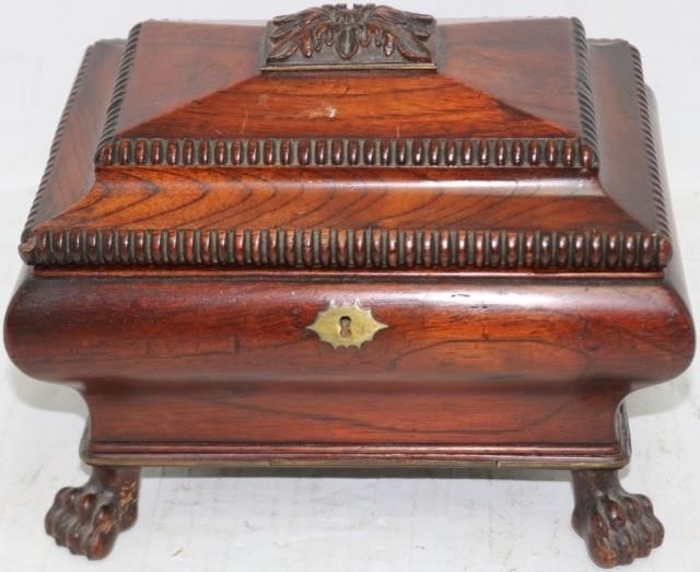 Appraisal: EARLY TH CENTURY WALNUT LIFT TOP SEWING BOX SARCOPHAGUS FORM