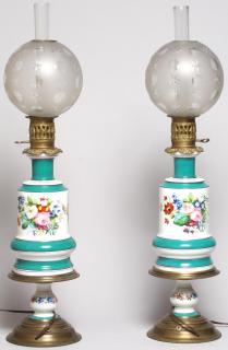 Appraisal: Pair of Old Paris Porcelain Electrified Gas Lamps Hand-painted with