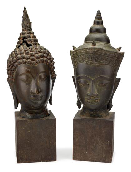 Appraisal: Two Thai Bronze Buddha headsOne a Sukhothai style head raised