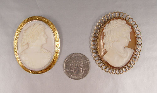 Appraisal: TWO K GOLD CAMEO BROOCHES Pink shell carved female Grecian