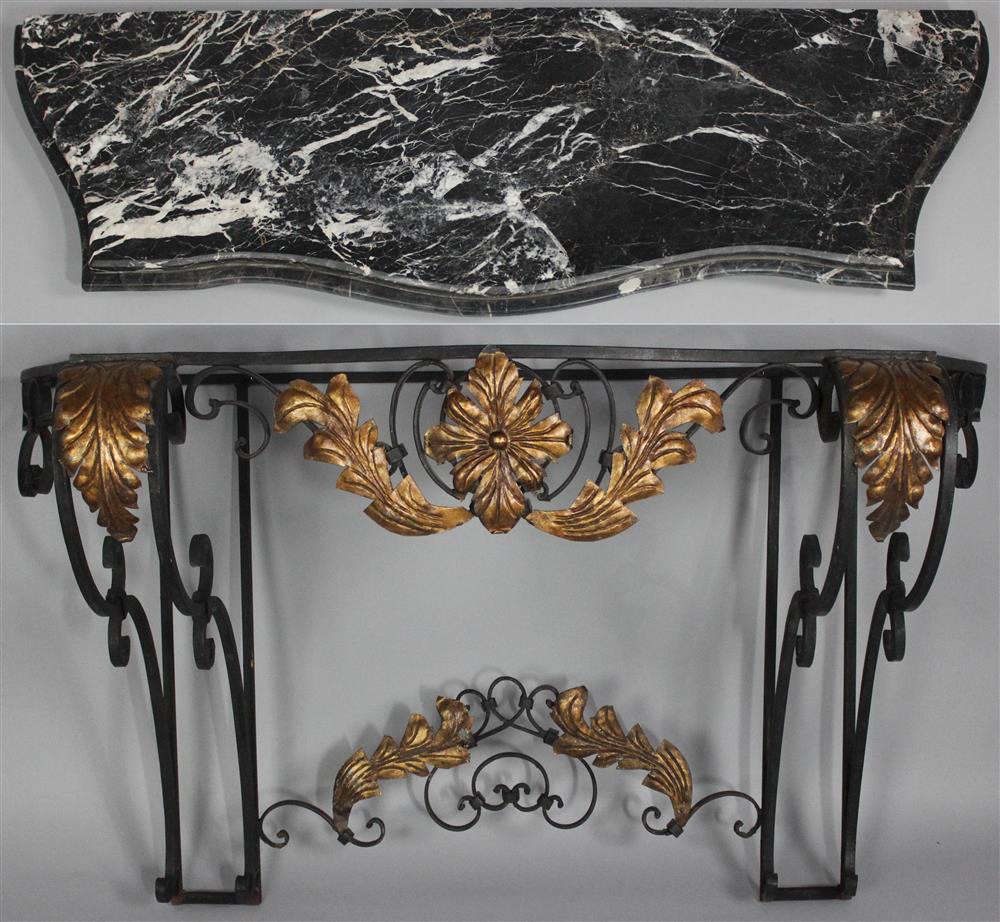 Appraisal: ROCOCO STYLE METAL CONSOLE WITH BLACK NERO MARBLE TOP having