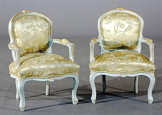 Appraisal: Pair French style carved and painted childrens' chairs bead-and-channel frame