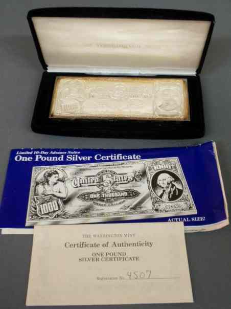 Appraisal: Washington Mint one pound silver certificate troy oz in the