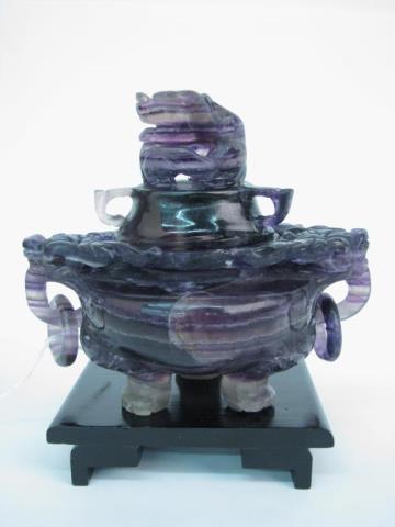 Appraisal: Chinese carved amethyst jadeite censer high with wooden stand