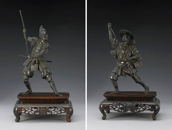 Appraisal: Two patinated bronze figural studies Meiji Period By Gyoko Each