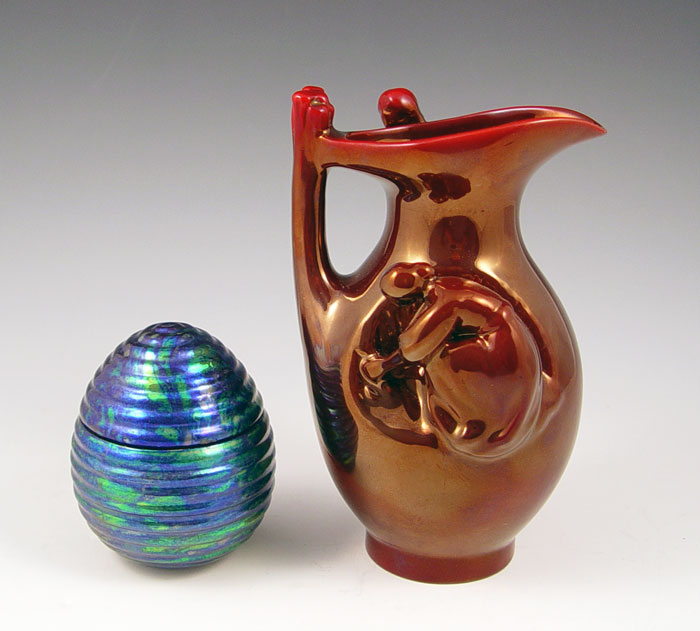 Appraisal: PIECES ZSOLNAY ART POTTERY Red pitcher with women figures ''