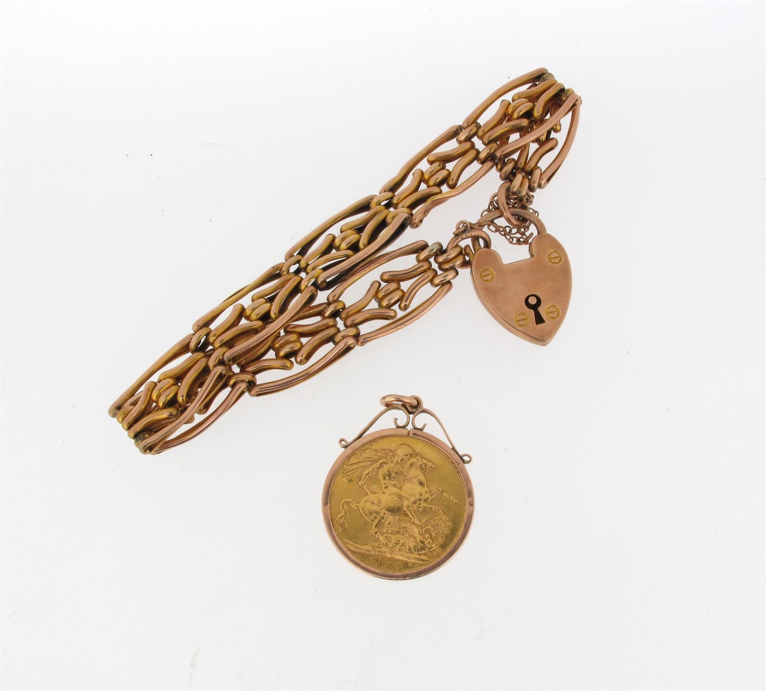 Appraisal: A gold fancy gate link bracelet with a gold padlock