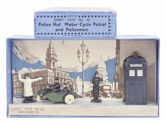 Appraisal: PRE-WAR DINKY POLICE HUT MOTORCYCLE PATROL AND POLICEMAN SET including